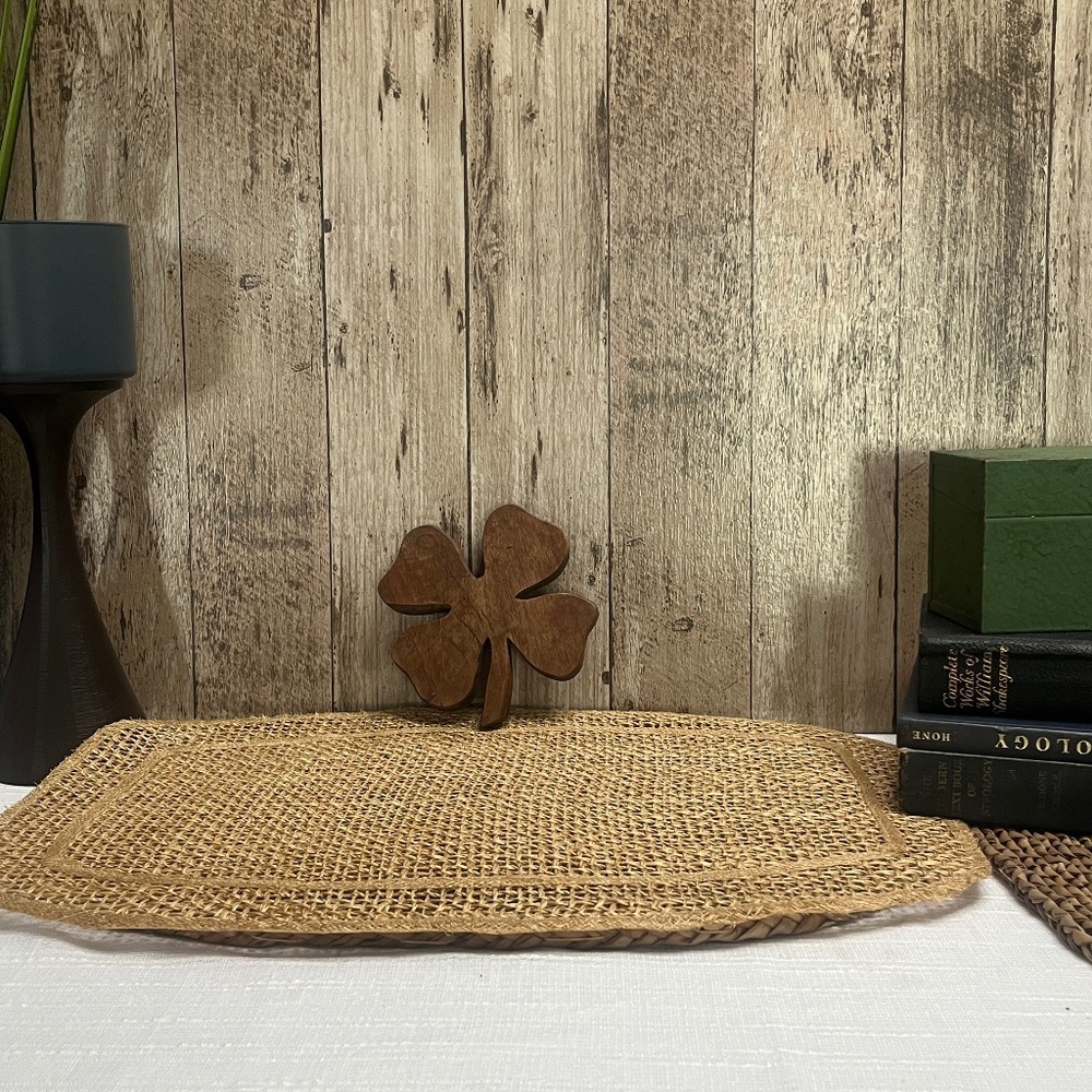 Vintage Carved Wood Four Leaf Clover Trivet | Rustic Lucky Clover Decor